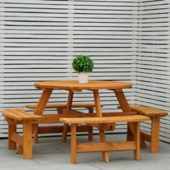 Maribelle 8 Seater Round Wooden Garden/Pub Bench - STAINED -Outdoor Living Shop 51E4GXIGAJD