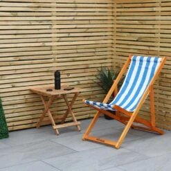 Woodside Traditional Folding Beach/Garden Wooden Deck Chair Seaside Lounger, Light Blue/White