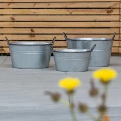 Woodside Vintage Galvanised Steel Garden & Home Flower Planter Tubs, Pack Of 3 -Outdoor Living Shop F1MUA40WLEV