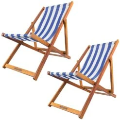 Woodside Traditional Folding Beach/Garden Wooden Deck Chair Seaside Lounger Dark Blue & White X 2