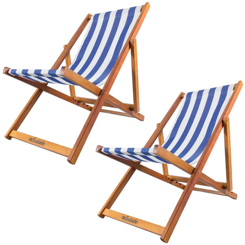 Woodside Traditional Folding Beach/Garden Wooden Deck Chair Seaside Lounger Dark Blue & White X 2 3 Woodside Traditional Folding Beach/Garden Wooden Deck Chair Seaside Lounger Dark Blue & White X 2