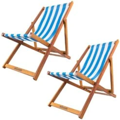 Woodside Traditional Folding Beach/Garden Wooden Deck Chair Seaside Lounger Light Blue & White X 2