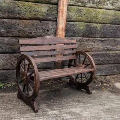 Woodside 2 Seater Wheel Bench, Outdoor Garden Patio Furniture Burnt Stained Wood