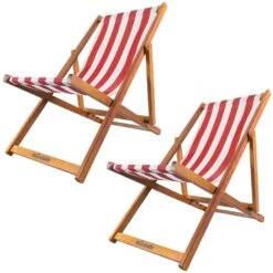 Woodside Traditional Folding Beach/Garden Wooden Deck Chair Seaside Lounger Red & White X 2