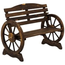 Woodside 2 Seater Wheel Bench, Outdoor Garden Patio Furniture Burnt Stained Wood -Outdoor Living Shop UVZZPQNLQRV