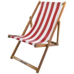 Woodside Traditional Folding Beach/Garden Wooden Deck Chair Seaside Lounger, Red/White -Outdoor Living Shop VGL5TRVLK3A